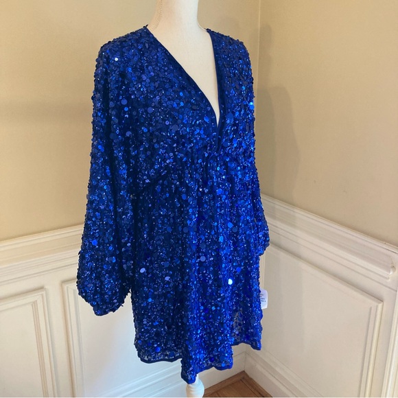 ASOS EDITION Royal Cobalt Blue Sequin Embellished Long Sleeve Faux Wrap Dress - Picture 9 of 12